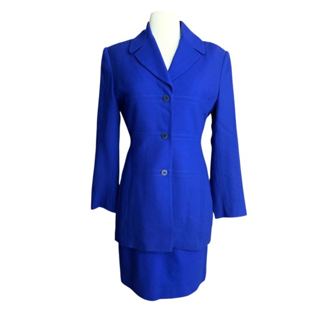 90's‎ y2k Cobalt Blue Women's Small Size 6 Wool Blazer Suit 2 Piece Skirt Office